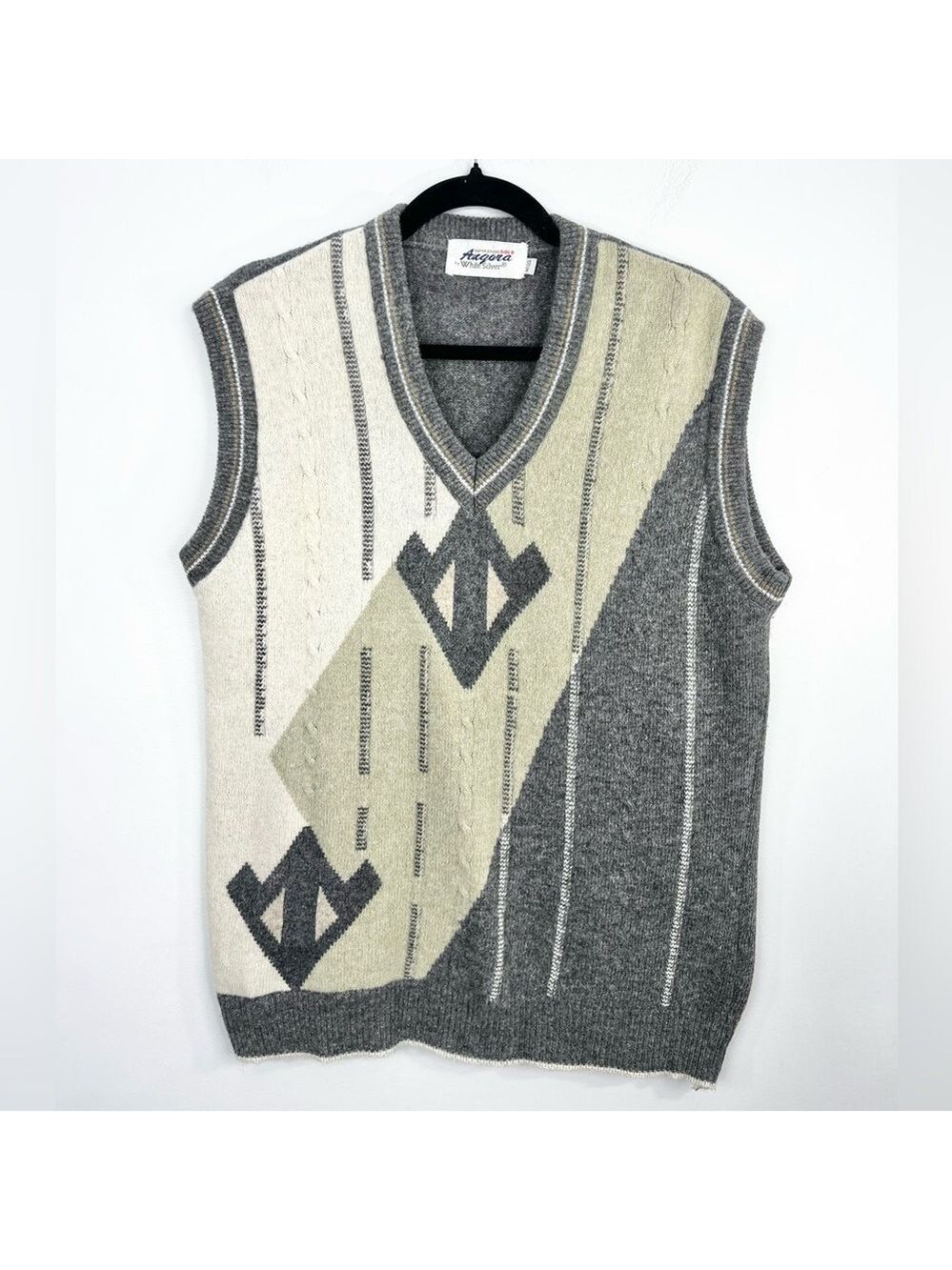 Vintage 80s oversized boxy wooly abstract argyle v neck pull over grandpa vest - Picture 4 of 12